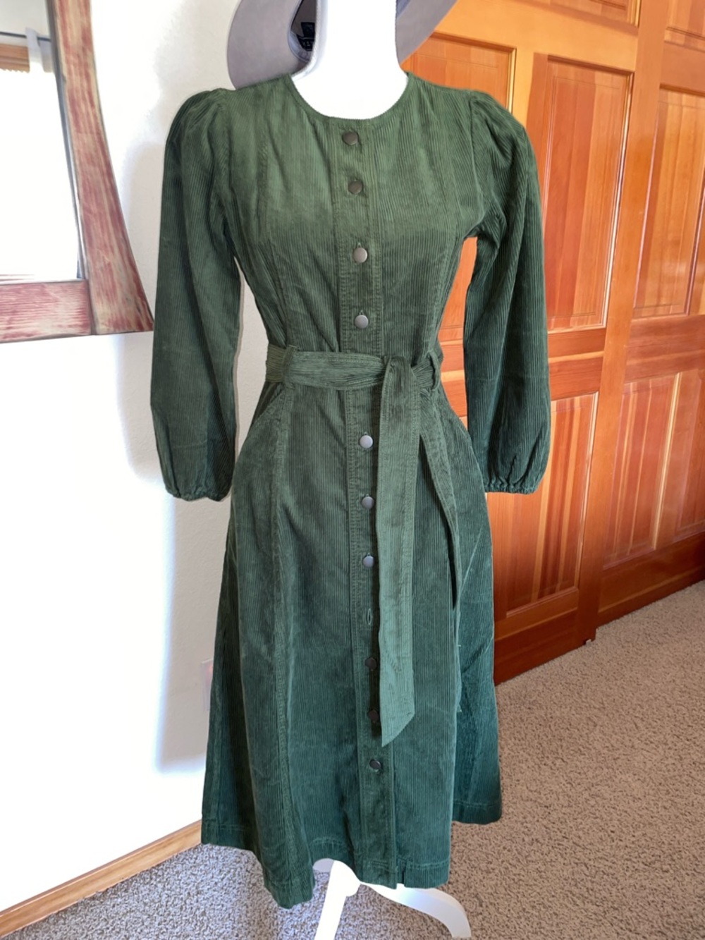 LOFT Forest Green Corduroy Button-Front Midi Dress